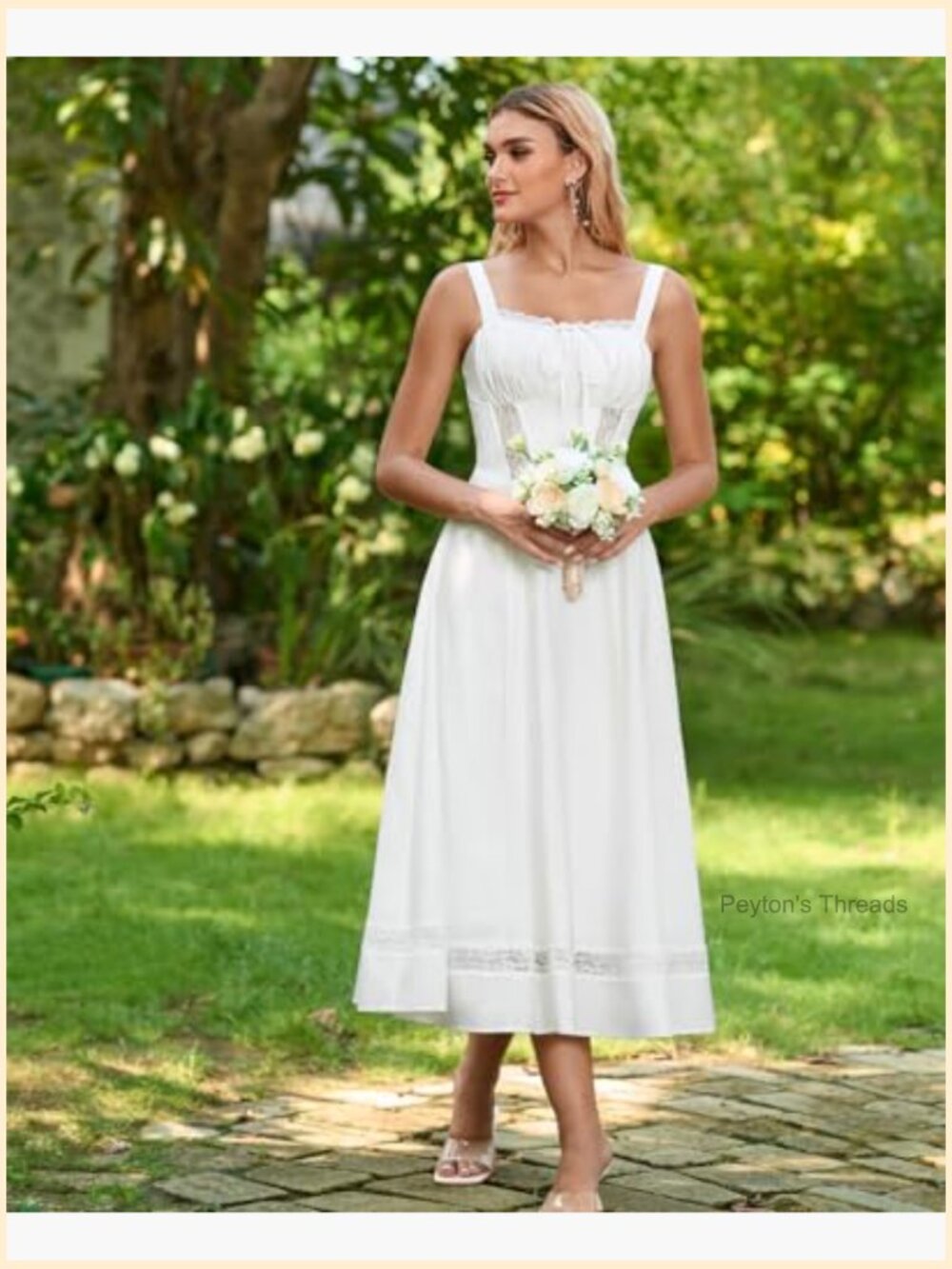 Corset Midi Wedding Guest Dress with Lace A-Line Flowy Smocked Back - Picture 4 of 6